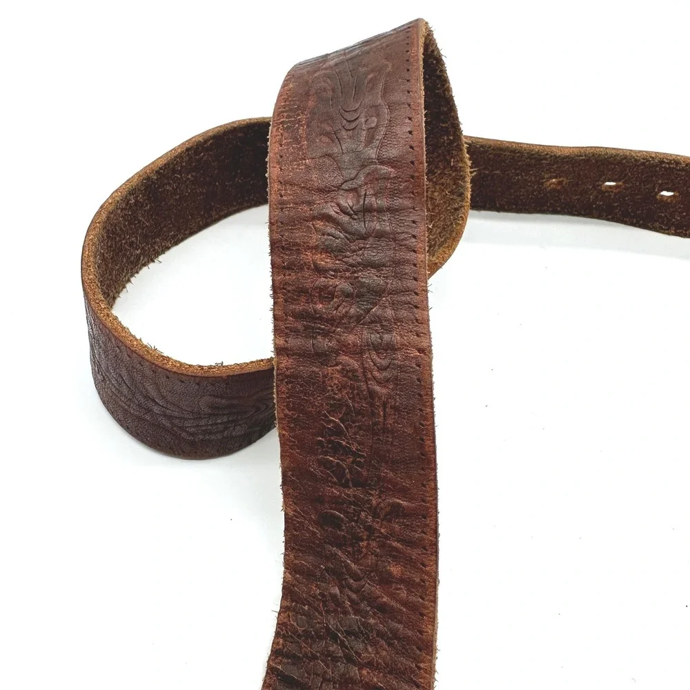 Vintage Western Embossed Leather Cowboy Belt Agate Stone Trophy Buckle Brown 34
